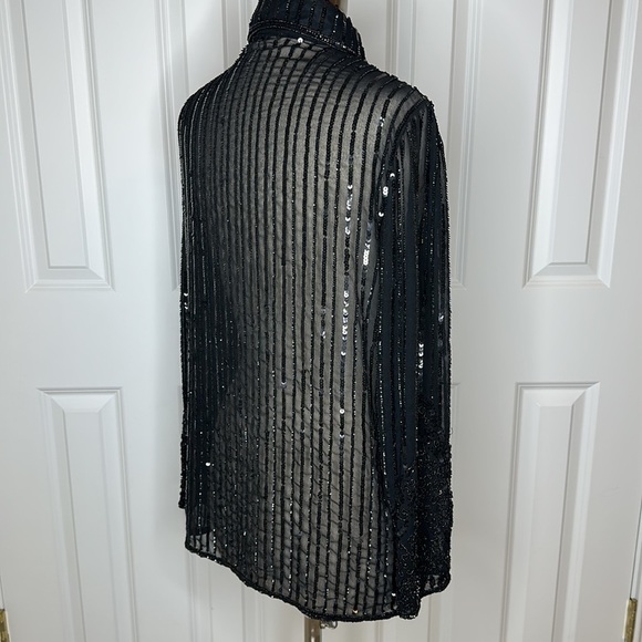 JKara Black Beaded Sequin Button Down Blouse - Picture 7 of 15